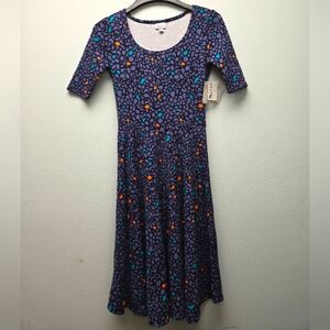 M Vintage Lularoe Nicole Fun Geometric in Dark Blues w/ color pops NWT